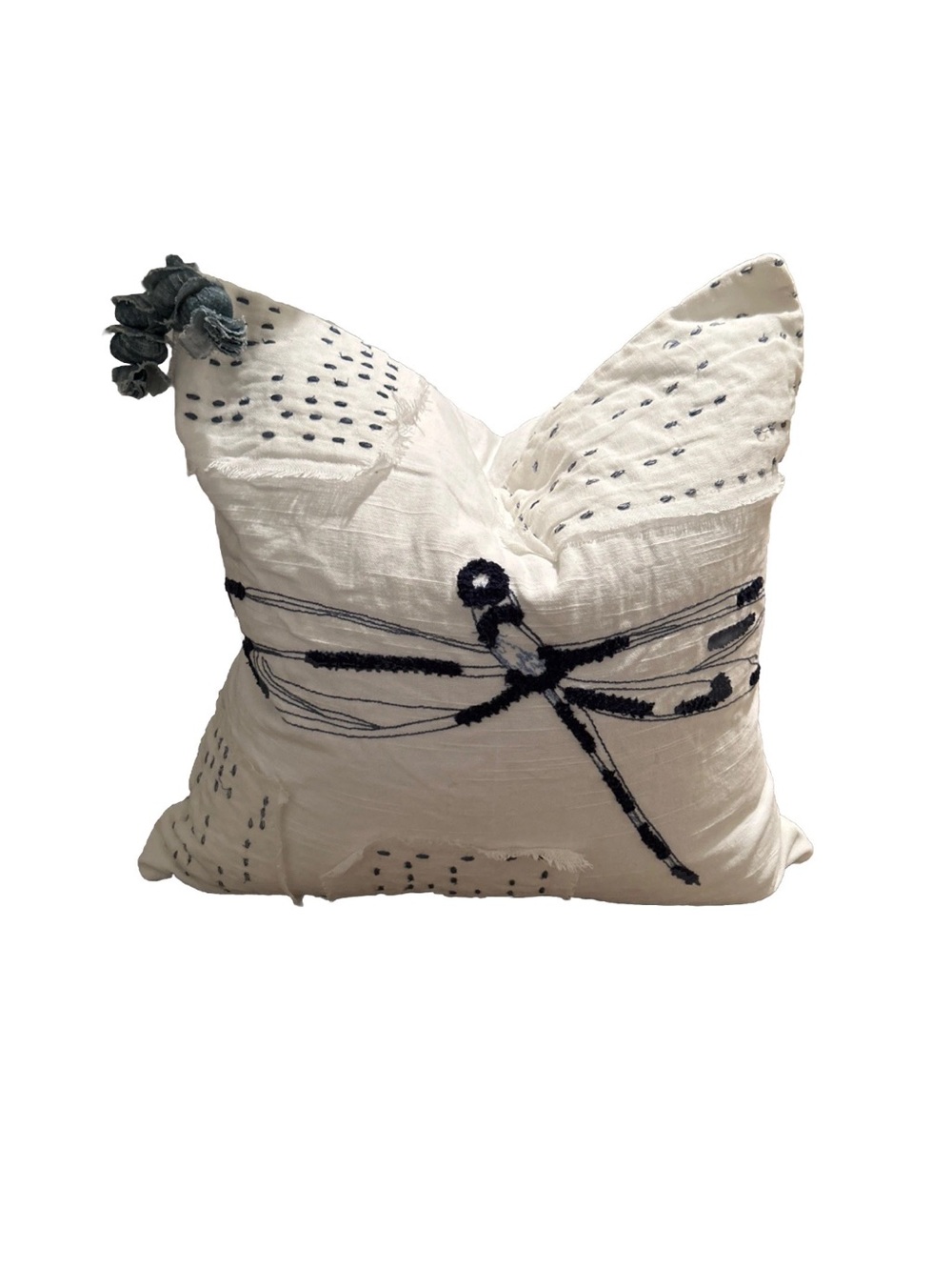 Ethan Allen Embroidered Dragonfly Navy & White Feather Throw Pillow WithTassel